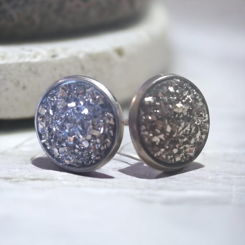 ⭐Silver Druzy Stud Earrings, Women & Kids, Approx Dime Size, Non-Hypoallergenic